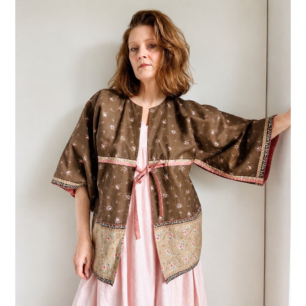 Handmade Cottagecore Kimono Jacket Floral Brown Pink Boho Festival Size L